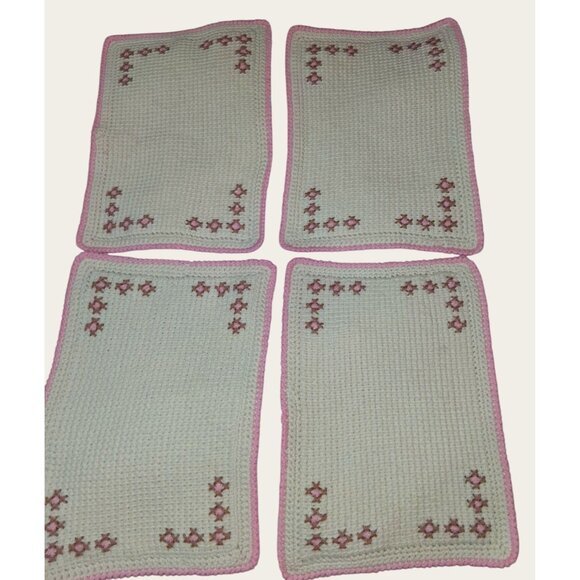 Set Of 4 Handcrafted Crochet Placemats Pink Brown Flower Design - Picture 1 of 8
